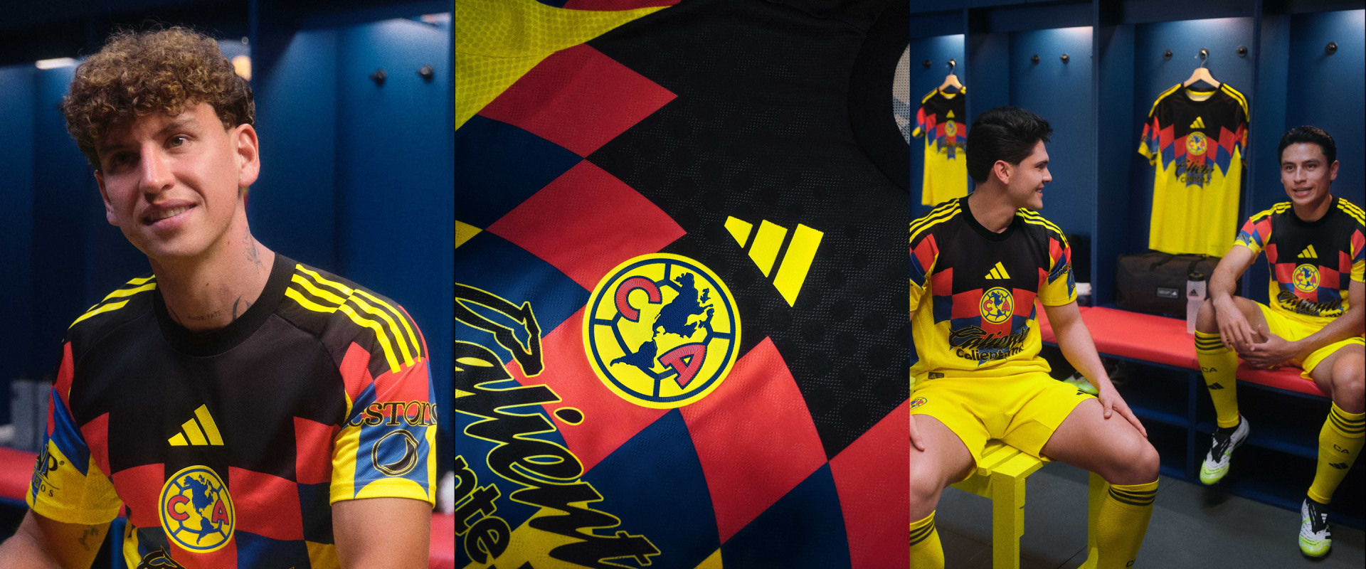 The image depicts a sports-related setting, with two individuals wearing jerseys and standing in front of a colorful, patterned backdrop featuring the logo of a sports team.