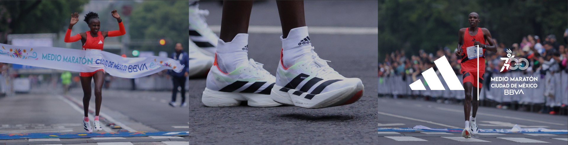 The image shows a pair of white and black Adidas sneakers on a wet, paved surface with blurred figures in the background.