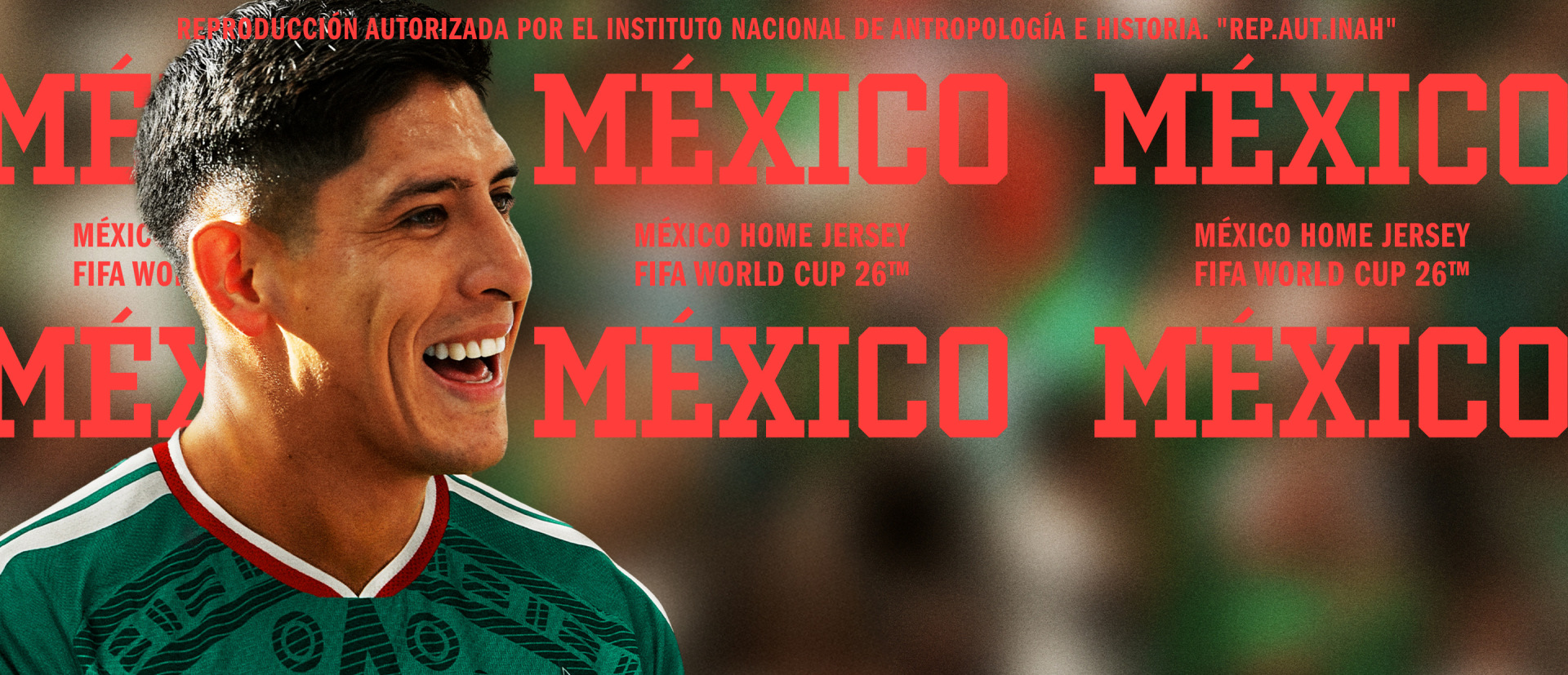 The image shows a close-up of a man's face, with a vibrant green and red jersey in the background, featuring the text "MEXICO" prominently displayed.