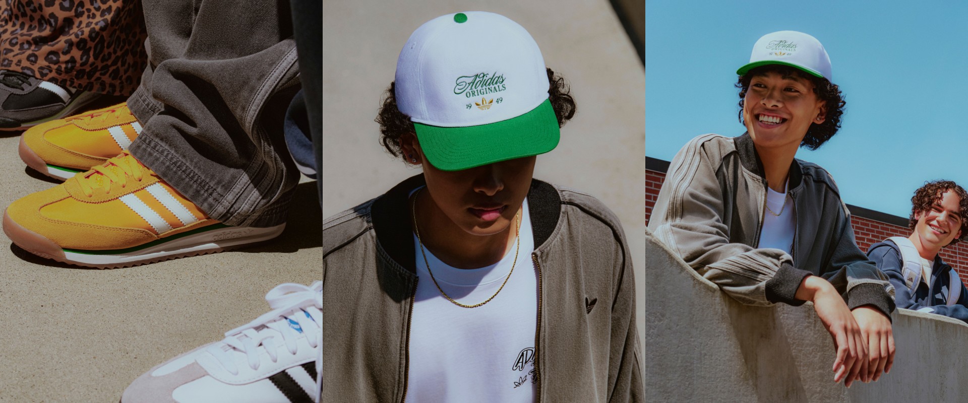 The image shows a person wearing a green and white baseball cap, a gray jacket, and white sneakers, standing in front of another person wearing a white and green baseball cap and a light-colored jacket.