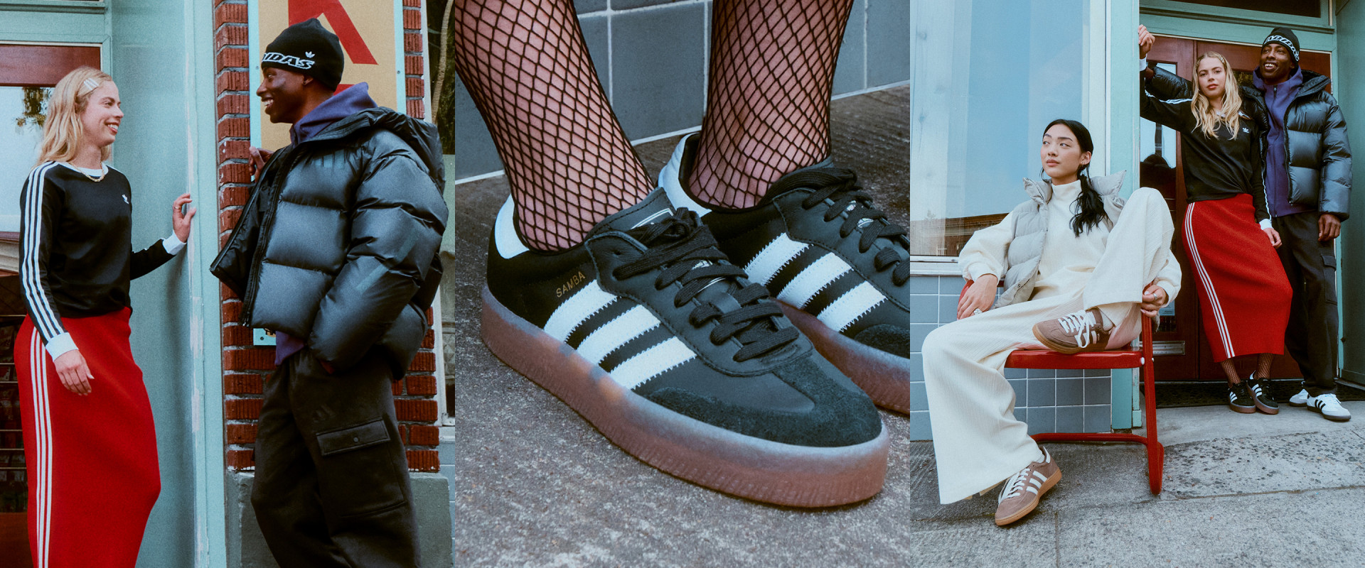 The image features a large, stylized sneaker in the foreground, with several people visible in the background, including a person wearing a black coat and hat, and another person sitting on a chair.