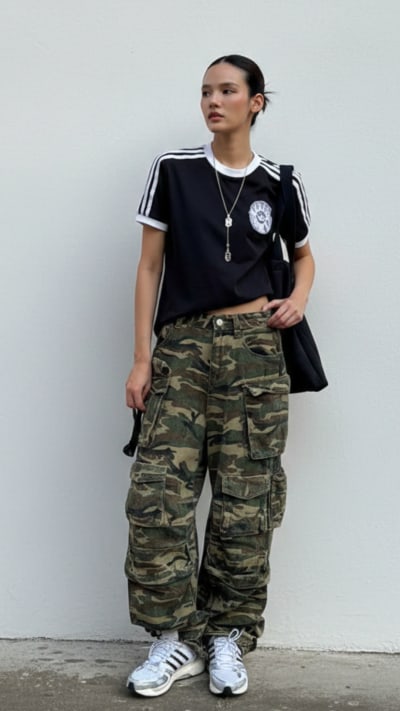 A person wearing a black shirt with white stripes, camouflage cargo pants, and white sneakers stands in front of a plain white wall.