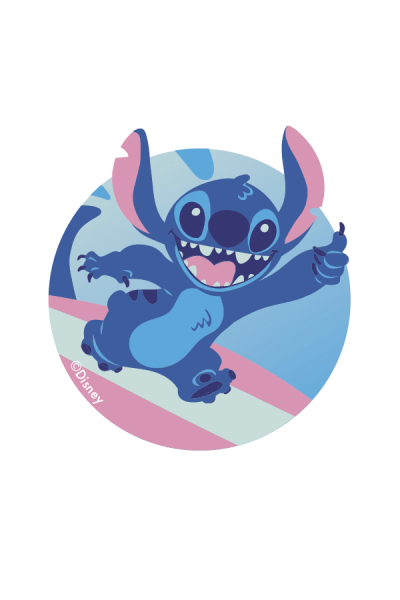 A cheerful, blue creature with large eyes and a wide grin is depicted against a colorful, abstract background of pastel blues, pinks, and whites.