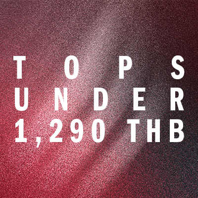 The image displays the text "TOPS UNDER 1,290 THB" against a burgundy-colored background with a subtle textured pattern.