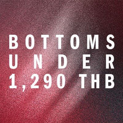 The image displays the text "BOTTOMS UNDER 1,290 THB" against a burgundy background with a textured, glittery appearance.