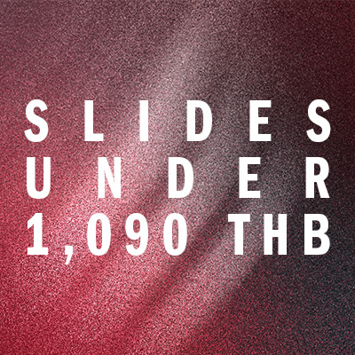 The image displays the text "SLIDES UNDER 1,090 THB" against a burgundy-colored background with a textured, glittery appearance.