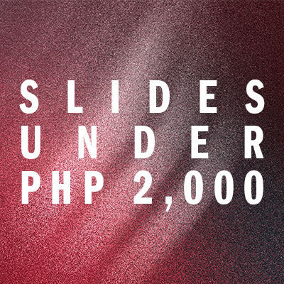 The image displays the text "SLIDES UNDER PHP 2,000" against a burgundy-colored background with a subtle textured pattern.