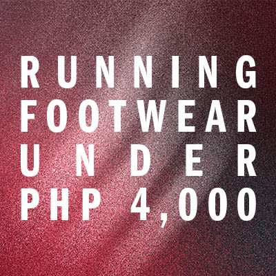 The image displays the text "RUNNING FOOTWEAR UNDER PHP 4,000" against a burgundy-colored background.