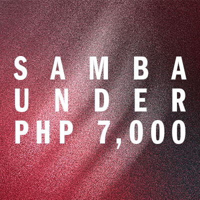 The image displays the text "SAMBA UNDER PHP 7,000" against a burgundy-colored background with a textured, granular appearance.