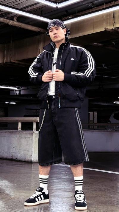 A person wearing a black tracksuit with white stripes, standing in a dimly lit indoor setting with a concrete floor and metal structures in the background.