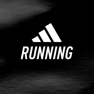 The image features the Adidas "Running" logo prominently displayed against a dark, blurred background, suggesting a dynamic and athletic environment.