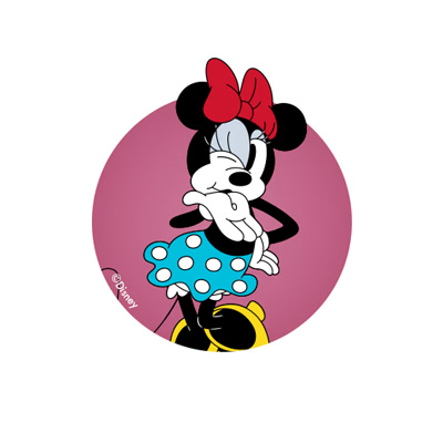 A cartoon character of Minnie Mouse, wearing a polka dot dress and a large red bow, is sitting on a pink circular background.
