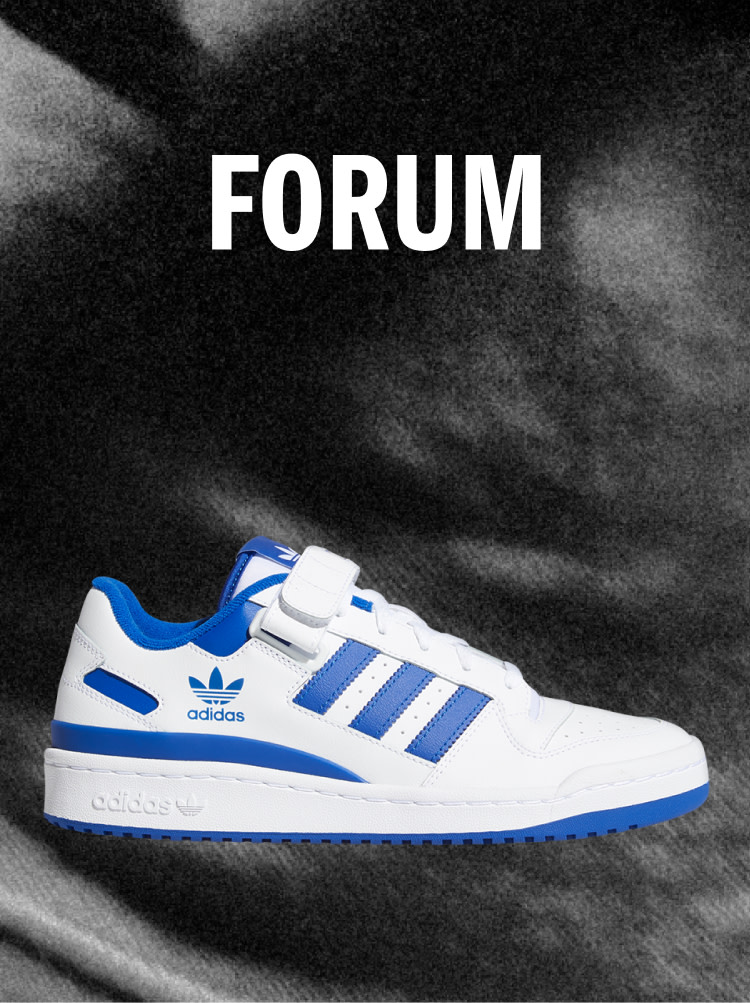 White Adidas Forum sneaker with blue stripes on a dark background, with the word FORUM above.