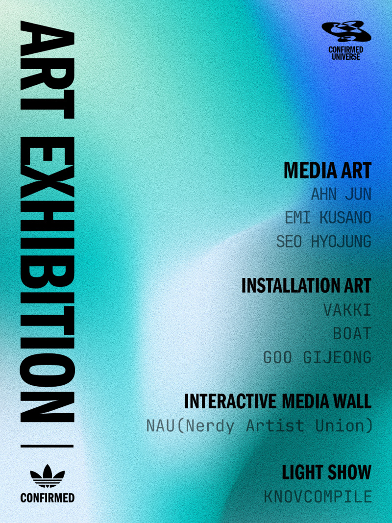 The image features a variety of art forms, including media art, installation art, interactive media wall, and a light show, with the text "ART EXHIBITION" prominently displayed against a vibrant blue and green gradient background.