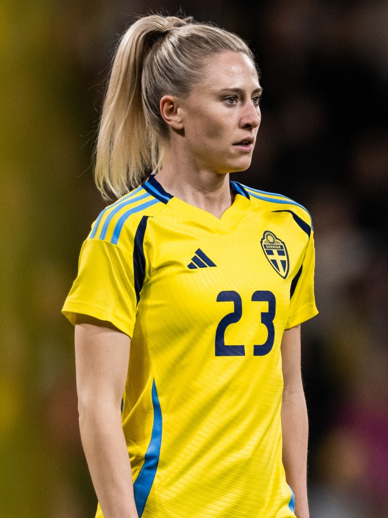 En kvinnlig fotbollsspelare som bär en gul och blå tröja med nummer 23 står på en fotbollsplan.