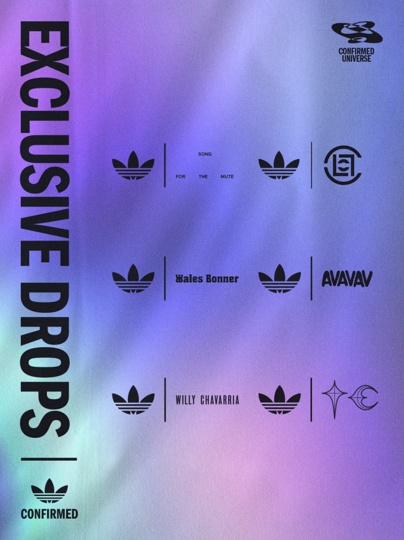 The image displays various logos and brand names, including Adidas, Wales Bonner, AVAVAV, and Willy Chavarria, against a vibrant purple background.