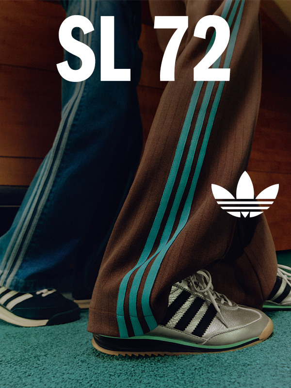 The image shows a pair of Adidas sneakers with the text "SL 72" prominently displayed, set against a dark background with green and white stripes.