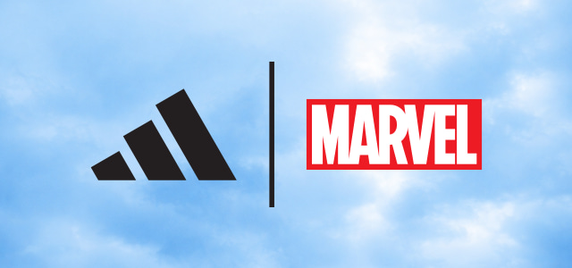 The image displays the Marvel logo alongside the Adidas logo against a bright blue sky with scattered clouds.