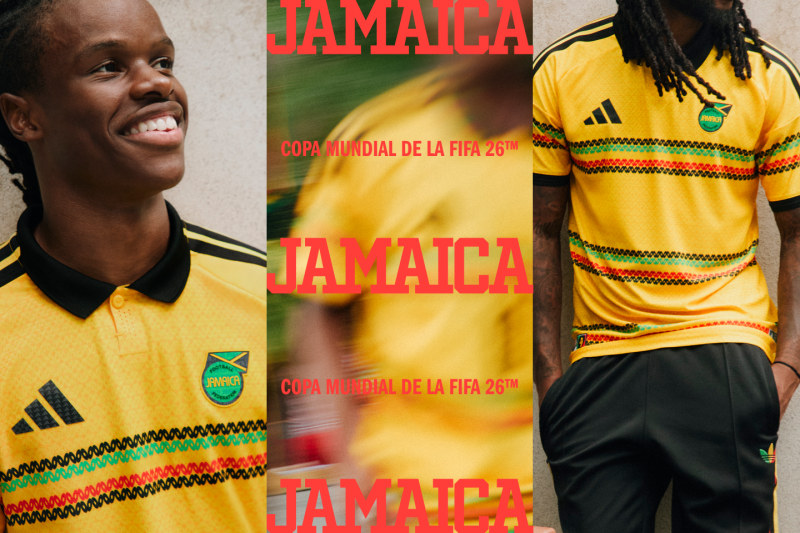 The image shows a smiling young person wearing a yellow and green Jamaican national soccer team jersey, standing in front of a backdrop featuring the Jamaican flag and the text "JAMAICA".