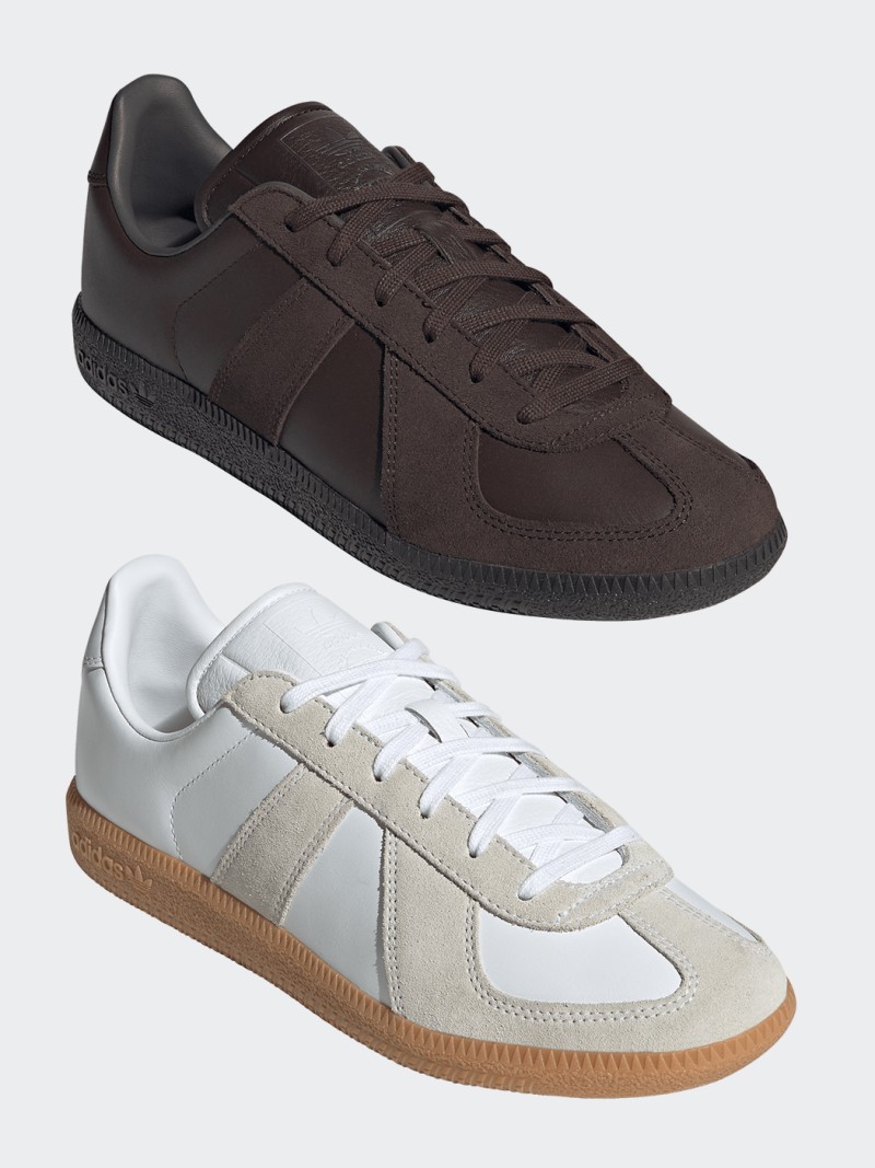 The image shows two pairs of casual sneakers, one in a dark brown color and the other in a light gray and white color, both with a simple, minimalist design.
