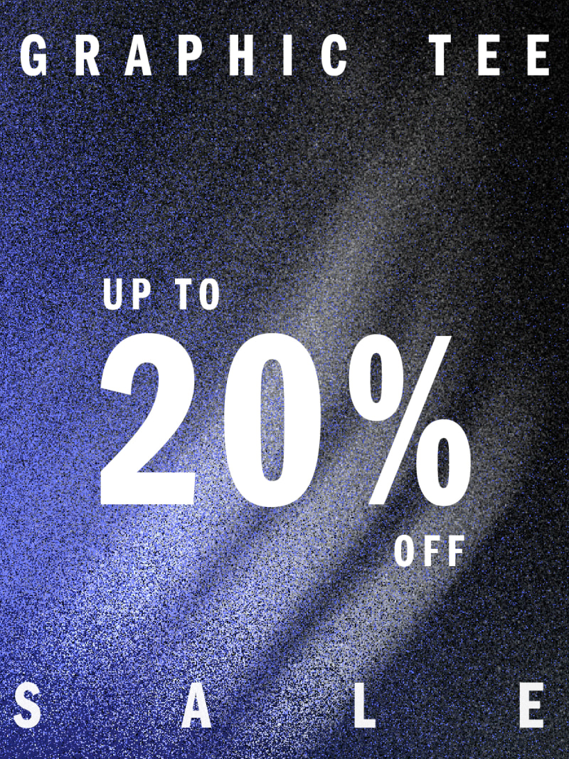 The image displays a graphic tee sale advertisement, featuring the text "GRAPHIC TEE" and "UP TO 20% OFF SALE" against a dark, textured background.