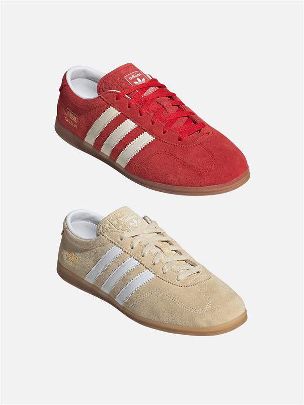 The image shows two pairs of Adidas sneakers, one in a bright red color and the other in a beige/tan color, both with the iconic Adidas stripes on the sides.