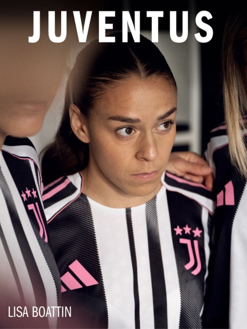 The image shows a young woman wearing a Juventus soccer jersey, with the team's logo and name prominently displayed.