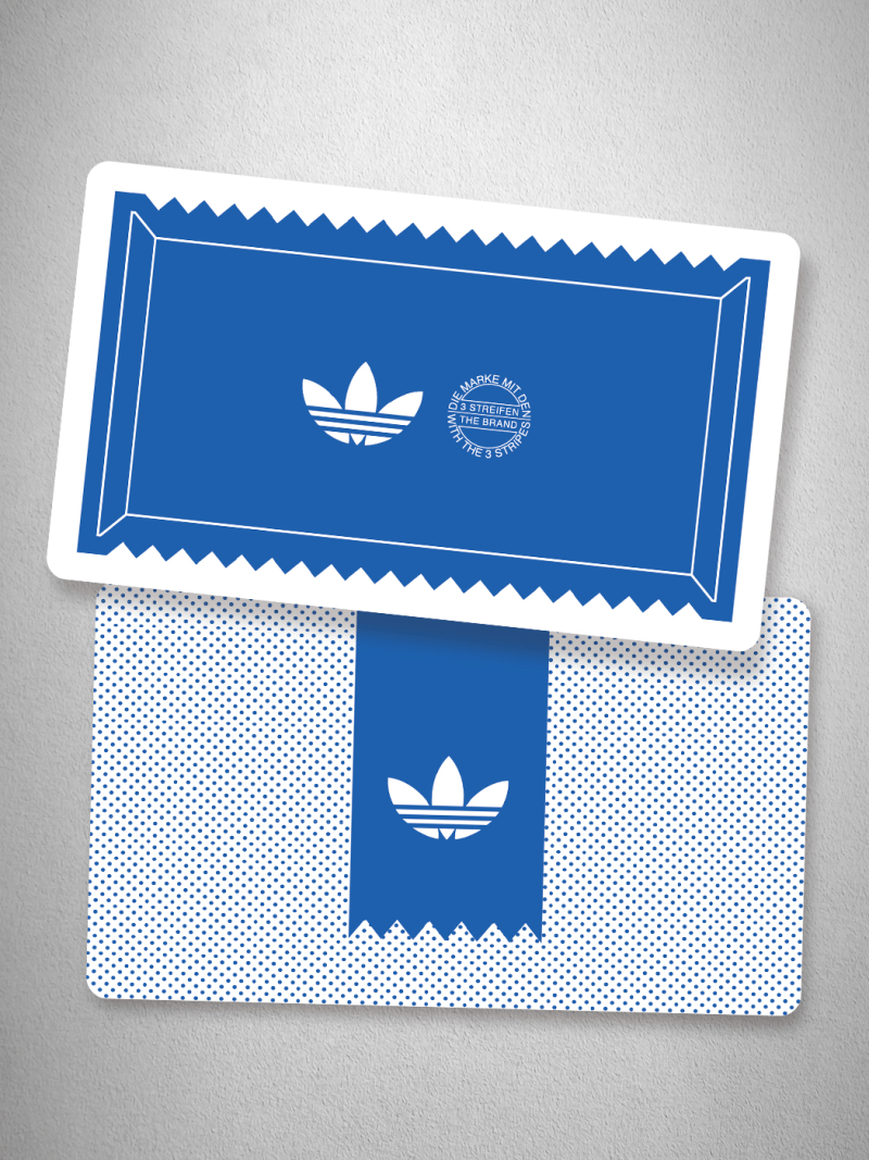 The image shows a blue and white Adidas logo on a rectangular background with a perforated pattern.