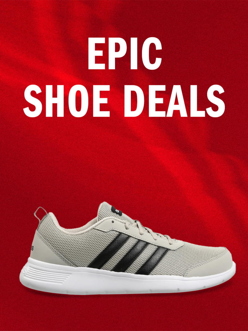 The image features a pair of gray and black athletic shoes against a vibrant red background with the text "EPIC SHOE DEALS" prominently displayed.
