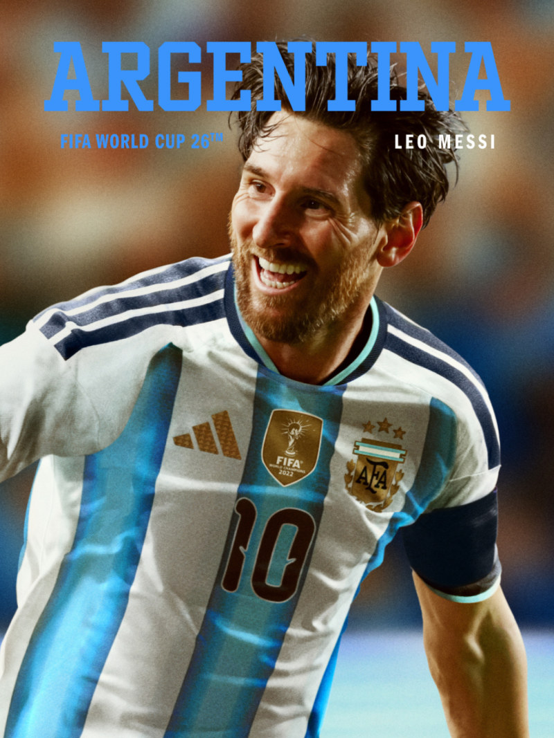 The image shows a smiling soccer player wearing an Argentina jersey with the number 10, against a background featuring the text "ARGENTINA FIFA WORLD CUP 2022" and the player's name "LEO MESSI".