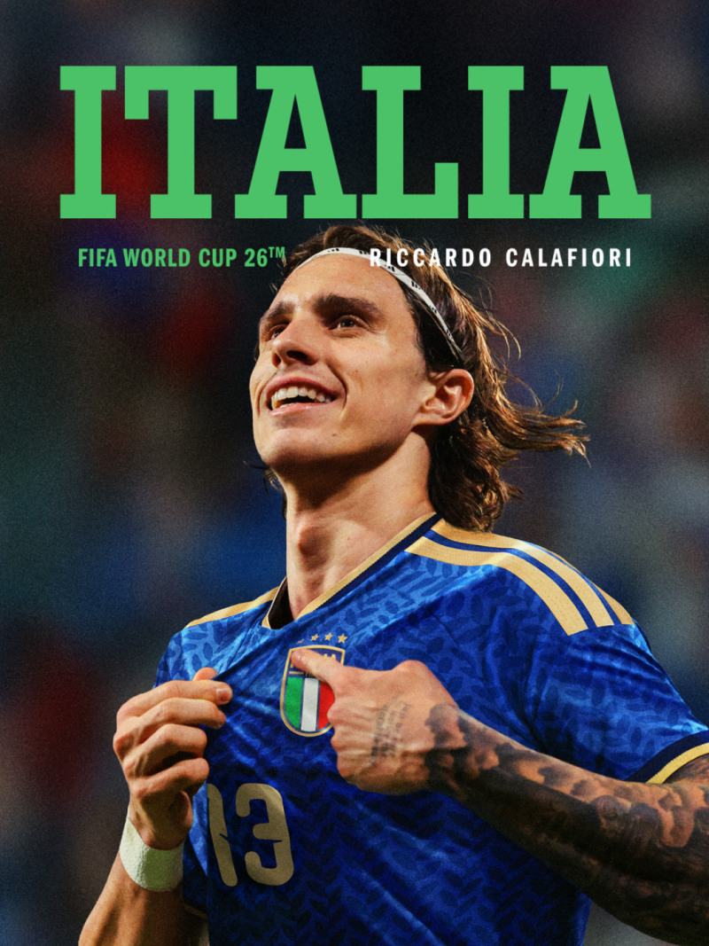 The image features a smiling soccer player wearing the Italian national team jersey, with the text "ITALIA FIFA WORLD CUP 26th" and "RICCARDO CALAFIORI" prominently displayed.