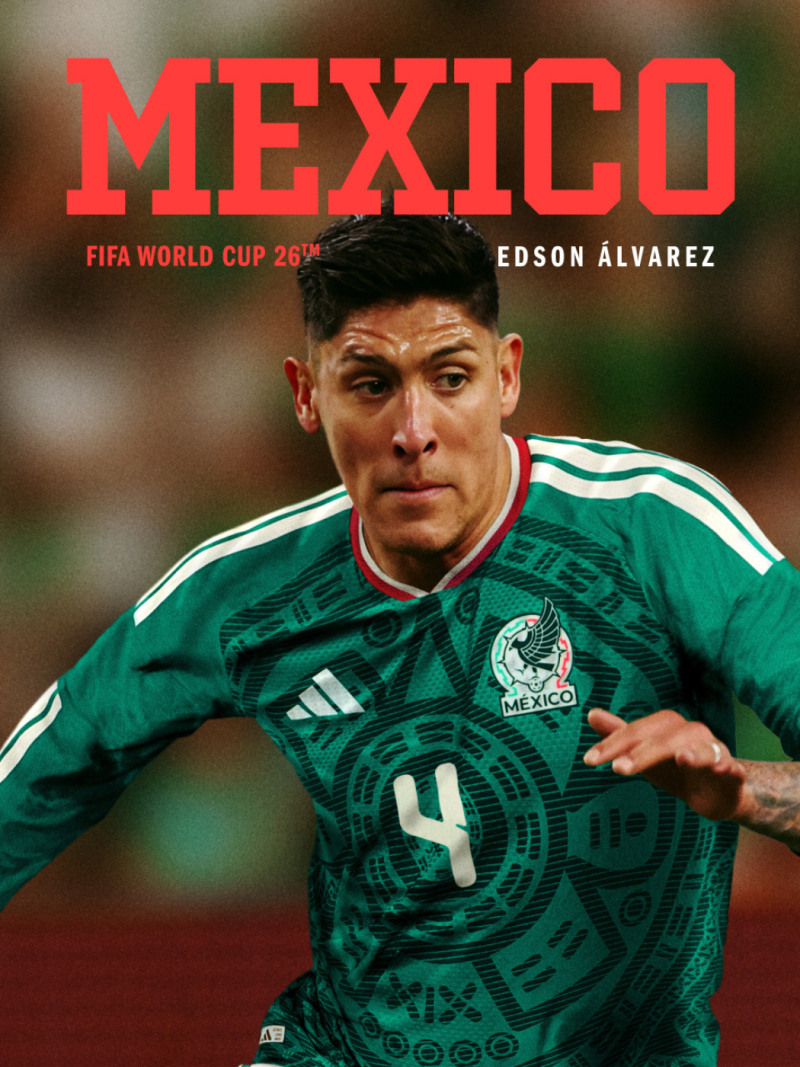 The image features a soccer player wearing a green jersey with the number 4 and the word "Mexico" prominently displayed, against a red background with the text "FIFA World Cup 2026" and the name "Edson Alvarez".