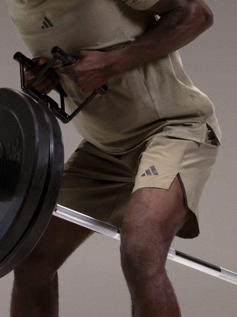 Man wearing adidas training shorts performs T-bar row.