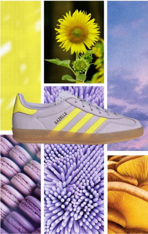 A collage of various images, including a pair of gray and yellow Adidas sneakers, a vibrant yellow sunflower, and a cloudy blue sky, along with close-up shots of purple and yellow textured surfaces.