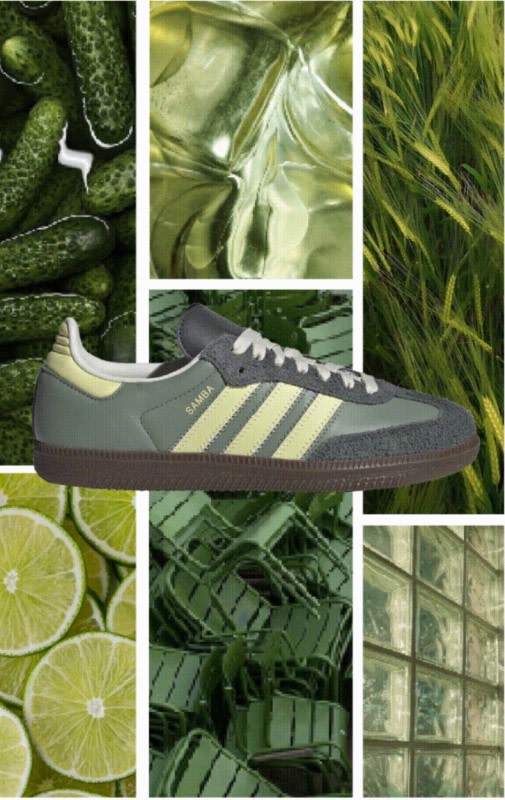 The image features a collage of various green-toned elements, including close-up shots of cucumbers, a glass surface with a distorted reflection, and a pair of gray and yellow Adidas sneakers, all set against a backdrop of lush, verdant foliage.