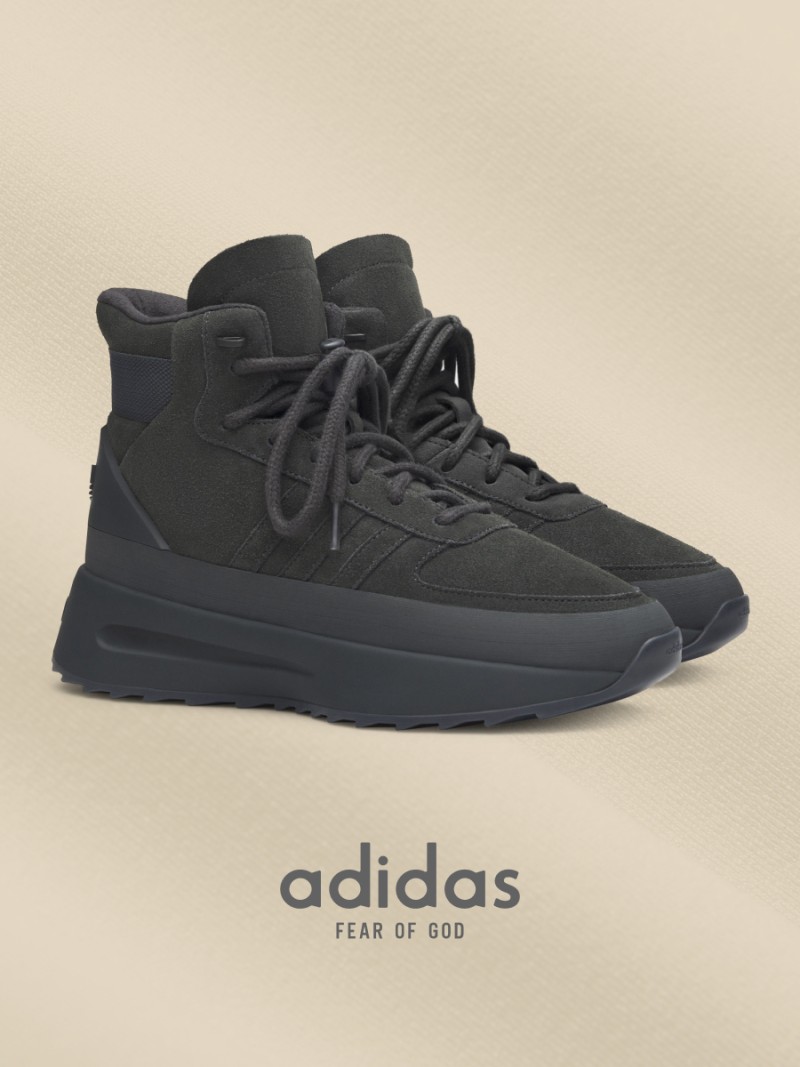 Collage of shoes, hoodies and sweaters on beige background