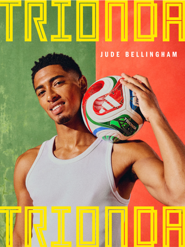 Visual composition featuring Jude Bellingham with Trionda, the FIFA World Cup 26™ official match ball