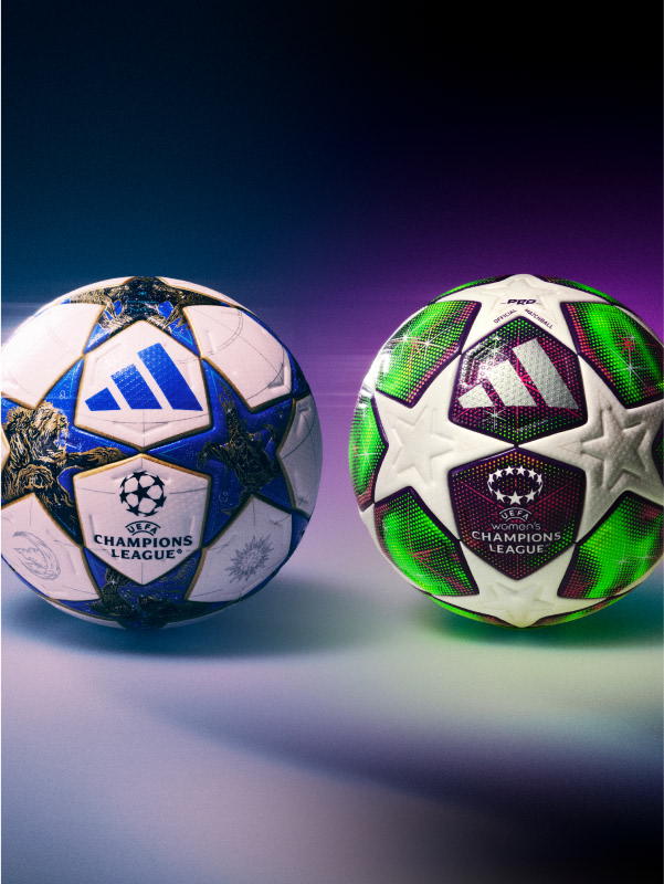 Visual composition featuring the new UEFA Champions League and UEFA Women's Champions League 25/26 official match balls