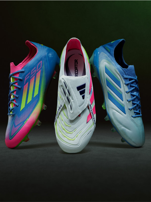 The image features three pairs of colorful and vibrant soccer cleats or shoes against a dark background, showcasing their unique designs and patterns.
