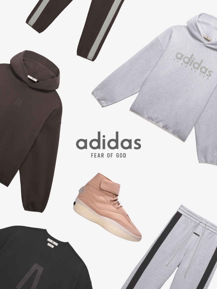 The image displays various Adidas apparel and accessories, including a gray t-shirt, black pants, and a pair of beige sneakers, all arranged against a plain white background.