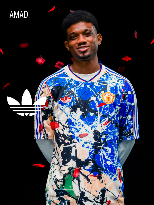 Visual composition featuring Manchester United players wearing the new Manchester United x Stone Roses collection