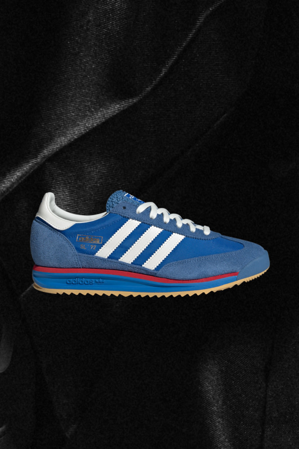 Side view of blue SL 72 adidas sneaker.
