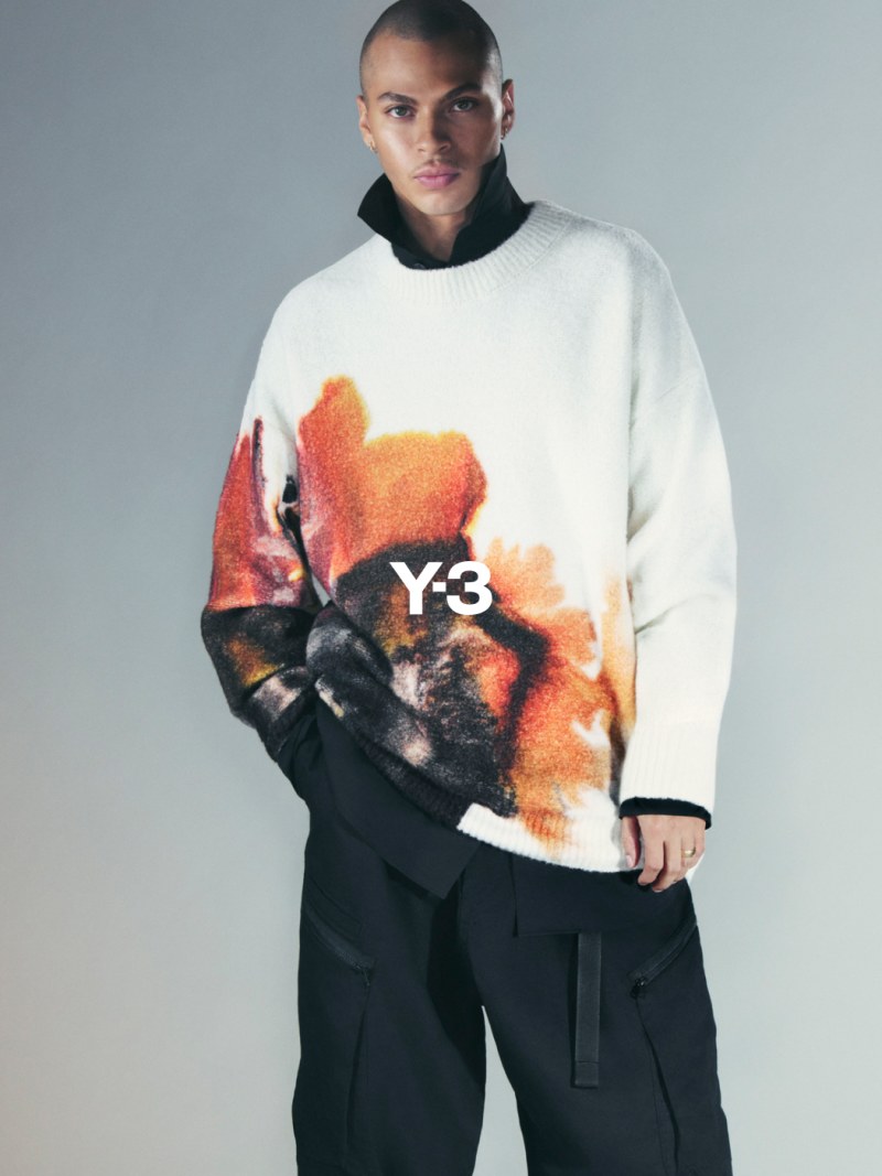 A model wears an amber ink knitted sweater from the Y-3 collection.