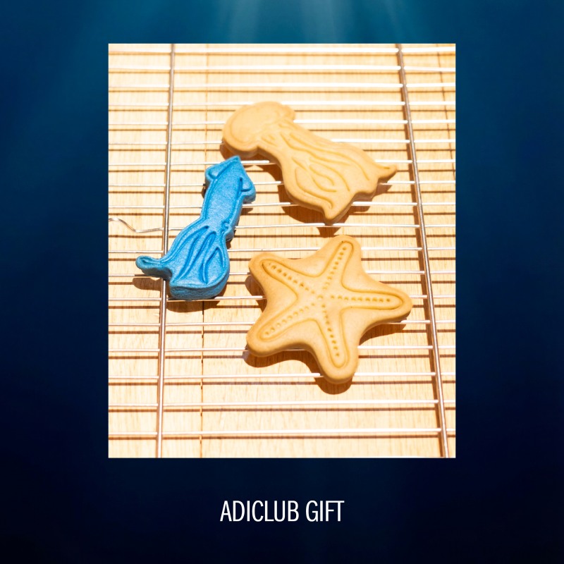 The image shows a blue starfish-shaped cookie and a blue fabric item, possibly a scarf or piece of clothing, resting on a wooden surface with horizontal lines.