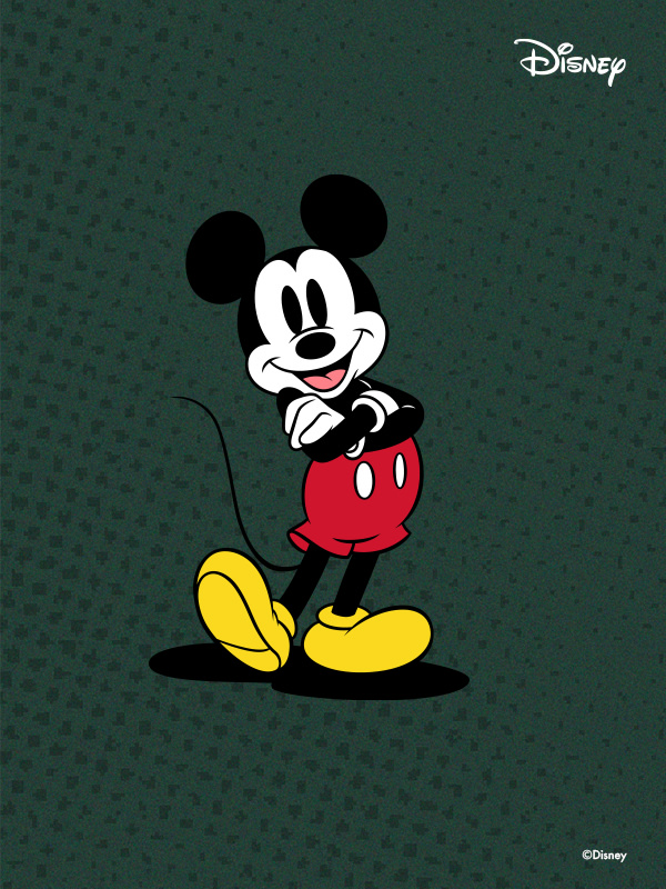 A classic Disney character, Mickey Mouse, stands in the foreground against a dark green background with a polka dot pattern.
