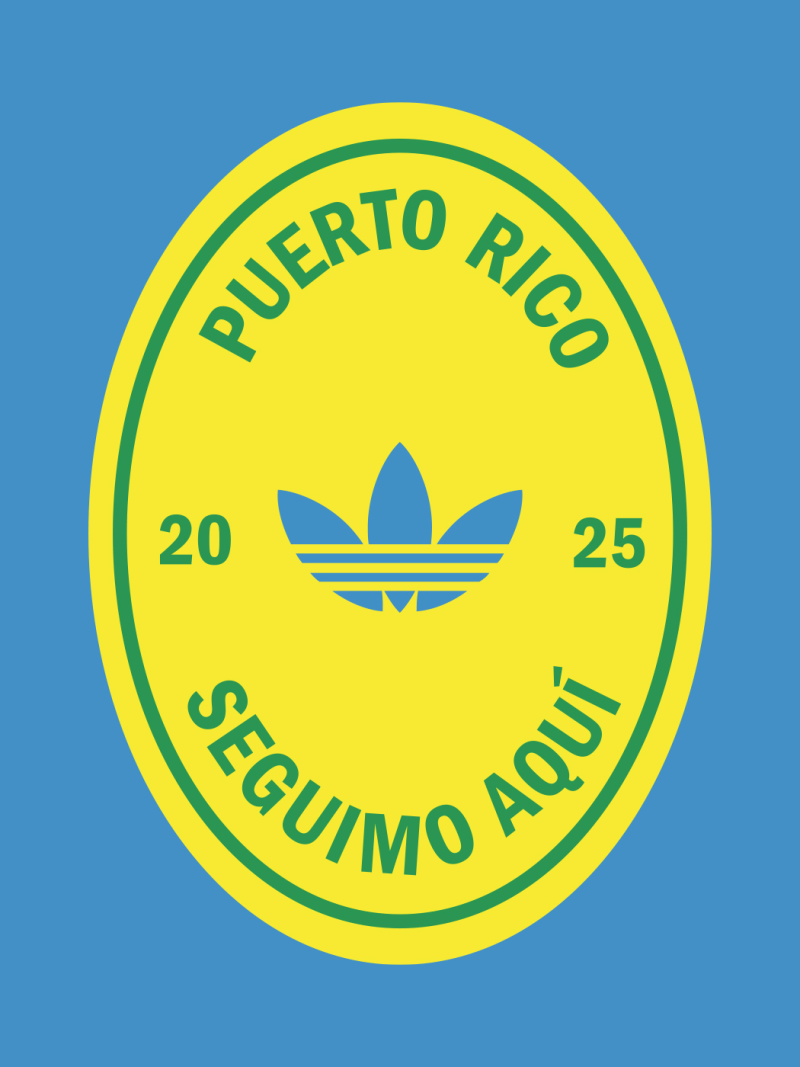 The image features a circular logo with the text "PUERTO RICO" and "SEGUIMO AQUí" (which means "We're still here" in Spanish) surrounding the Adidas trefoil logo, all set against a bright blue background.