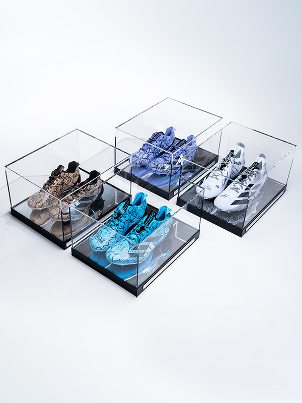 The image displays various transparent acrylic boxes containing different types of rocks, minerals, and crystals, arranged in a visually appealing manner against a plain background.