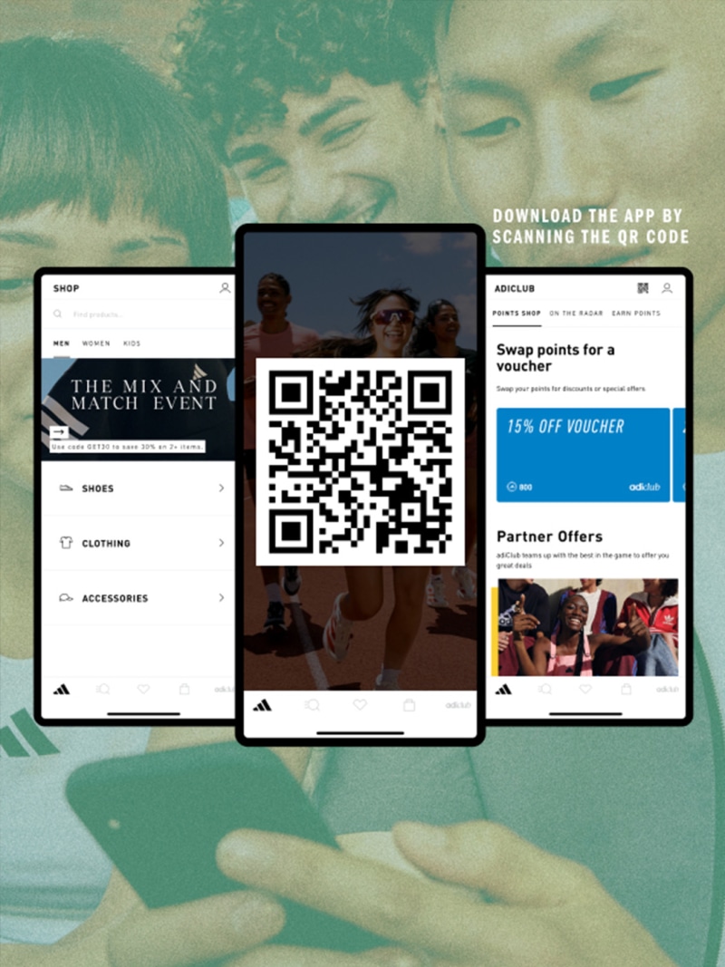 The image shows a mobile device displaying various screens, including a QR code, a voucher, and partner offers, all set against a blurred background of people.