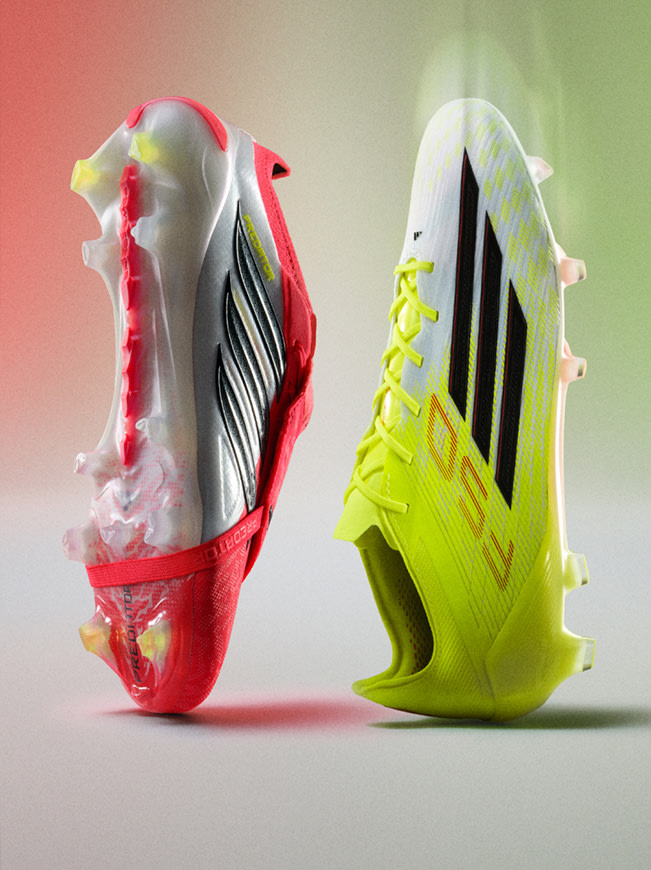 Two colorful soccer cleats, one red and one neon yellow, are displayed against a vibrant gradient background.