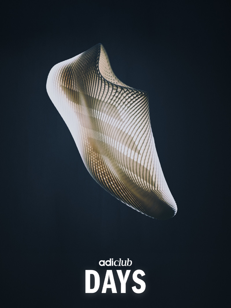 A striking, abstract shell-like form with intricate, undulating patterns against a dark background, bearing the text "adiclub DAYS".